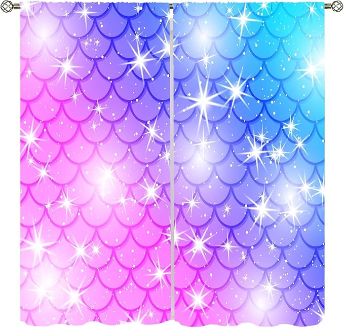 Mermaid Blackout Curtains, Kids Cartoon Blue and Pink Ocean Mermaid Scale Pattern Decoration for Girls Bedroom Nursery Curtains 63x63 Inch