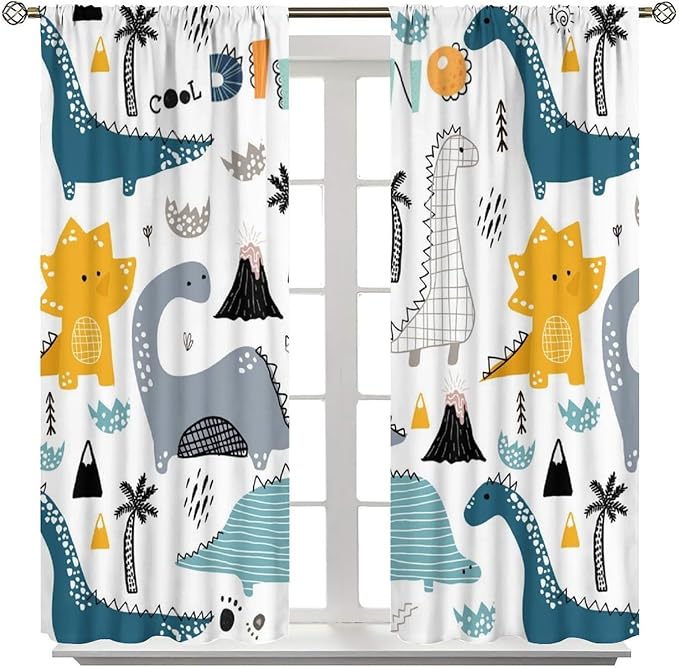 Dinosaur Curtains, Cartoon Dino Cute Safari Animal Print Pattern Blackout Window Treatments, Rod Pocket Thermal Insulated Drapes 2 Panel Sets for Kids Boys Bedroom Nursery Classroom, 55" W X 63" L