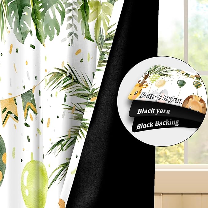Renaiss 42 x 84 Inch Rainforest Safari Animal Curtains African Jungle Tropical Lions Tigers Elephants Giraffes Palm Trees Pattern Polyester Fabric Grommet Window Drapes for Nursery Bedroom 2 Panels