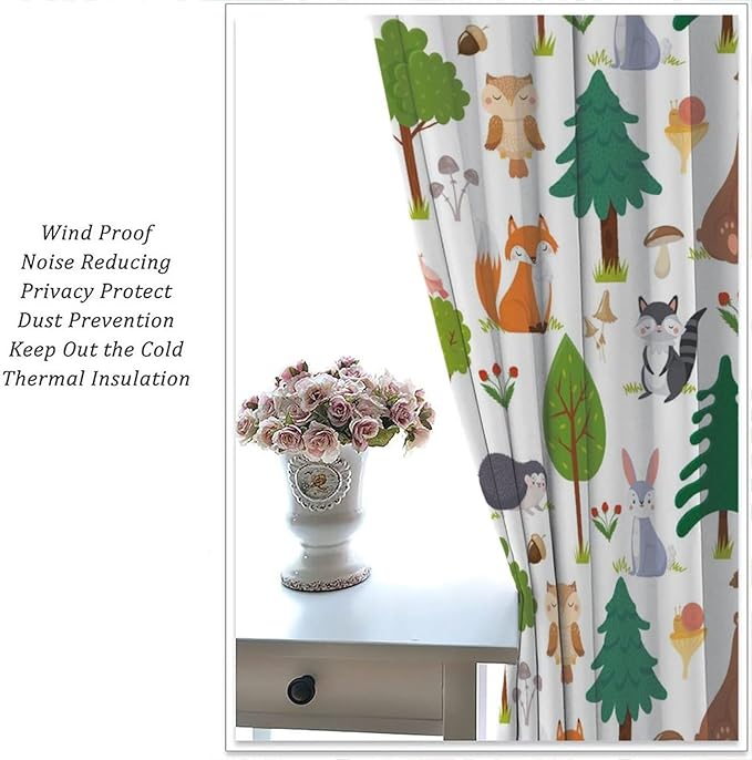 Jungle Animal Curtains, Woodland Animals Forest Pattern Blackout Window Treatments, Rod Pocket Thermal Insulated Drapes 2 Panel Sets for Kids Room Nursery Classroom, 63" W X 72" L