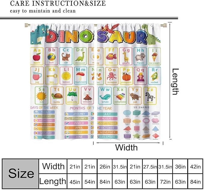 Funny Kids Alphabet Curtain, Cartoon Animal Alphabet Learning Dinosaur Boys Kids Students Baby Educational Colorful Blackout Window Treatments for Bedroom Living Room School 84" W X 84" L