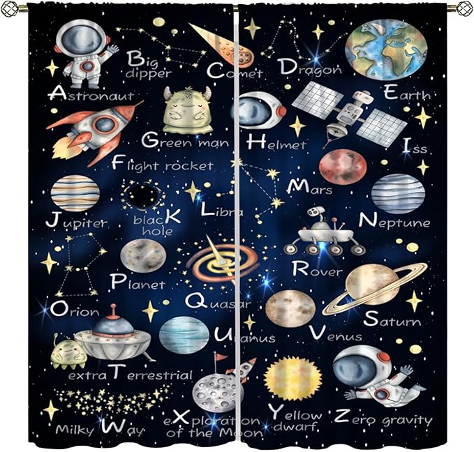 Cartoon Kids Alphabet Astronaut Curtain，Retro Cute Cosmic Galaxy Letter Printed Rod Pocket Window Treatments for Boys Girls Bedroom Living Room School Decor 42" W X 45" L