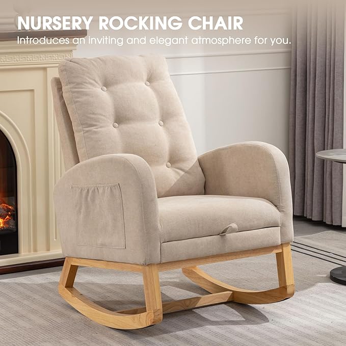 NIOIIKIT Nursery Rocking Chair, Linen Upholstered Glider Chair with Footrest, Tufted Rocker Recliner with Side Pocket, Comfy Recliner Glider, Accent Chair for Living Room (Cream Linen)