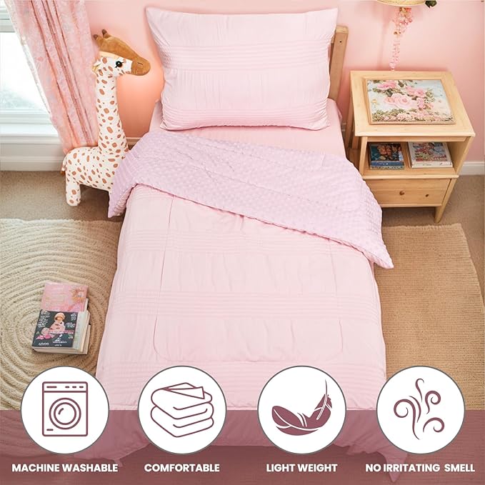 Toddler Bedding Set, Plush Minky Fabric Crib Bedding Set for Girls, Breathable and Soft Baby Crib Bedding Set, Includes Toddler Comforter, Flat Sheet, Fitted Sheet and Pillowcase (Pink)