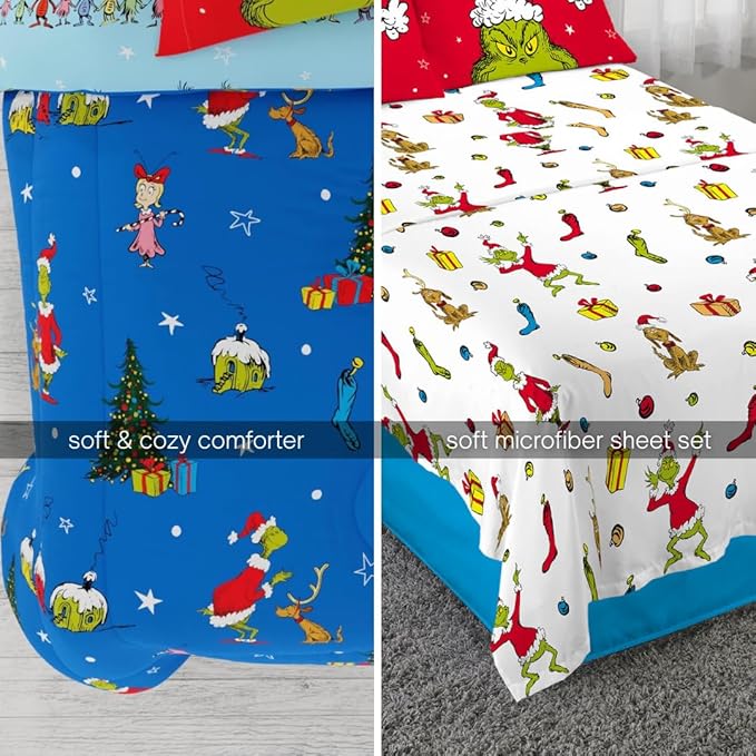 Grinch by Dr. Seuss Holiday & Christmas Bedding Super Soft Comforter and Sheet Set with Sham, 7 Piece Full Size (Official Dr. Seuss Product) by Franco