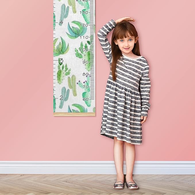 Personalized Kids Name Growth Chart Ruler for Wall Wood Frame Height Measure Chart 13.4x56 in Linen Hanging Height Growth Chart Cactus Green Watercolor Kids Room Decor