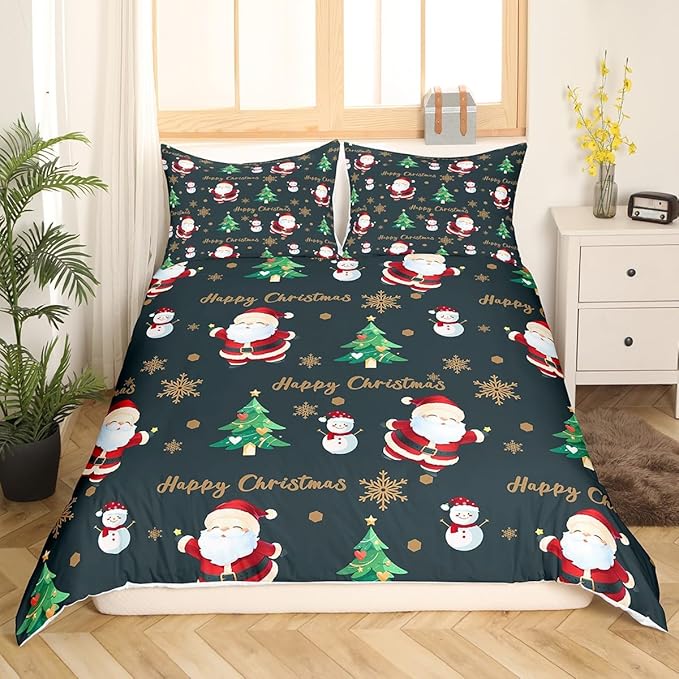 Christmas Duvet Cover Set Queen Size, Santa Claus Xmas Trees Snowman Sonwflake Comforter Cover with 2 Pillowcases, New Year Theme Bedding Set for Kids Boy Girl Lightweight Bedspread Cover,No Comforter