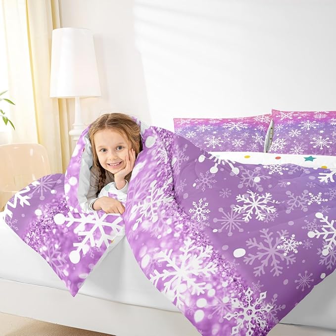Feelyou Christmas Comforter Set All Season Pink Purple Bedding Set with 2 Pillow Cases Winter Snowflake Microfiber Kids Full Bedclothes New Year Holiday Bedroom Decor Duvet Quilt Soft Lightweight
