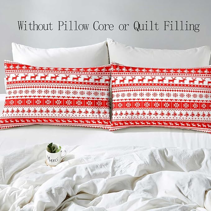 LUVIVIHOME 3PCS Christmas Duvet Cover Queen Bedding, White Red Duvet Cover, Reindeer Snowflake Poinsettia Christmas Tree Holiday New Year Xmas Striped Comforter Quilt, 2 Pillow Shams
