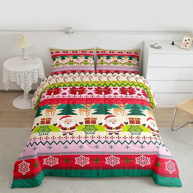 Feelyou Merry Christmas Comforter Set Twin Size Santa Claus Bedding Set for Kids Boys Girls Cute Deer Duvet Quilt Snowflake Bedroom Decor Microfiber 2 Pcs with 1 Pillow Cases