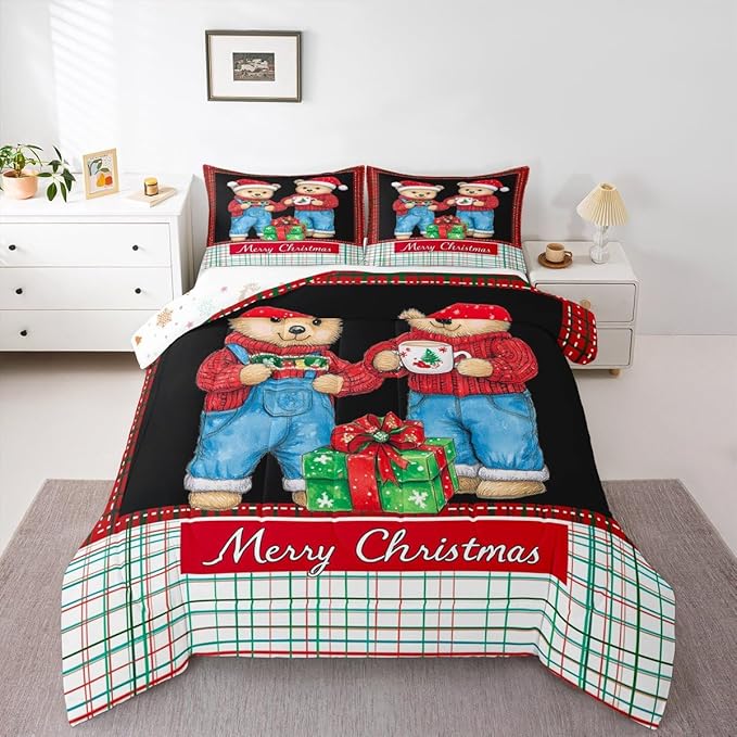 Feelyou Merry Christmas Bedding Set Soft for Boys Girls, Cute Bear Comforter Set Toddler Size Duvet Quilt Microfiber Winter Bedroom Decor 2 Pcs with 1 Pillow Cases