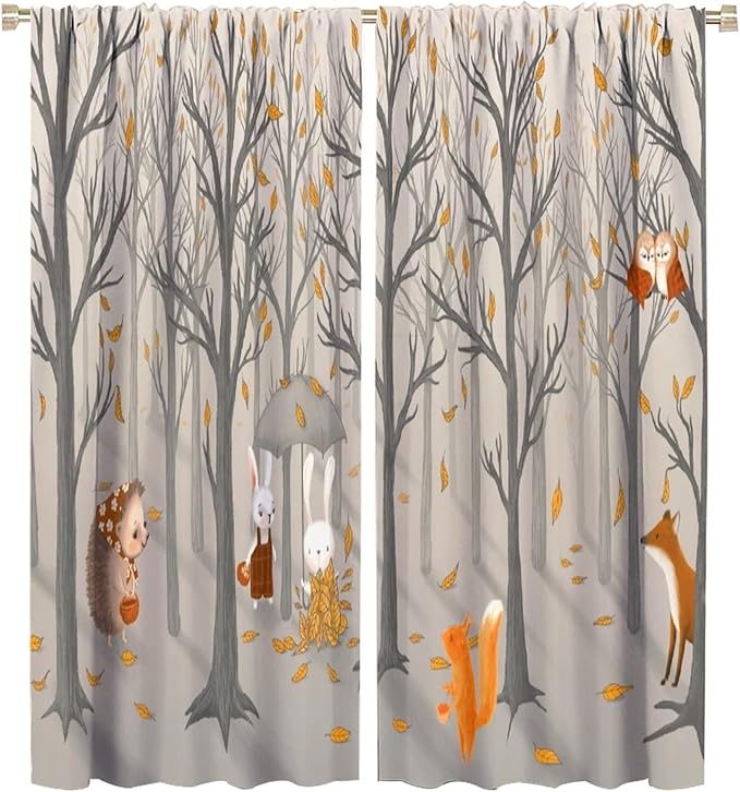 Kids Woodland Animal Window Curtains, Autumn Forest Hedgehog Rabbits Squirrel Fox Birds Blackout Rod Pocket Window Treatments Drapes for Boys Girls Bedroom 84x84in