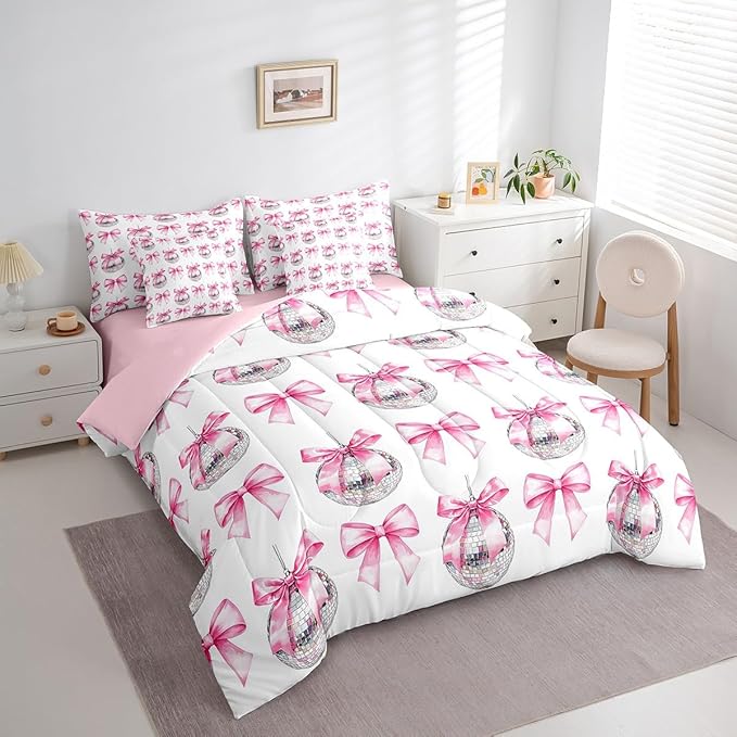 7 Pieces Cartoon Bowknot Kid Comforter Set Twin,Bow Tie Butterfly Knot Princess Bedding Set,Western Cowgirl Disco Ball Retro Pink White（Comforter+Fitted+Flat Sheet+2 Pillowcases+2 Throw Pillow Covers）