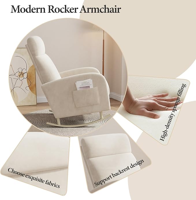 Rocking Chair Nursery, Upholstered Glider Chair with Side Pocket, Modern Nursery Chair with High Backrest and Rubber Metail Legs, Accent Armchair for Living Room Bedroom Indoor (Beige Velvet)