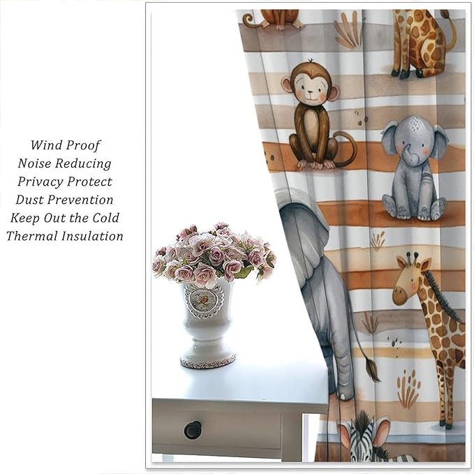 Kids Animal Curtains Elephants Giraffes Monkeys Lions Zebras Window Treatment for Kids Boys Girls Nursery Baby Bedroom Playroom Home Decor Window Drapes 63" W X 72" L