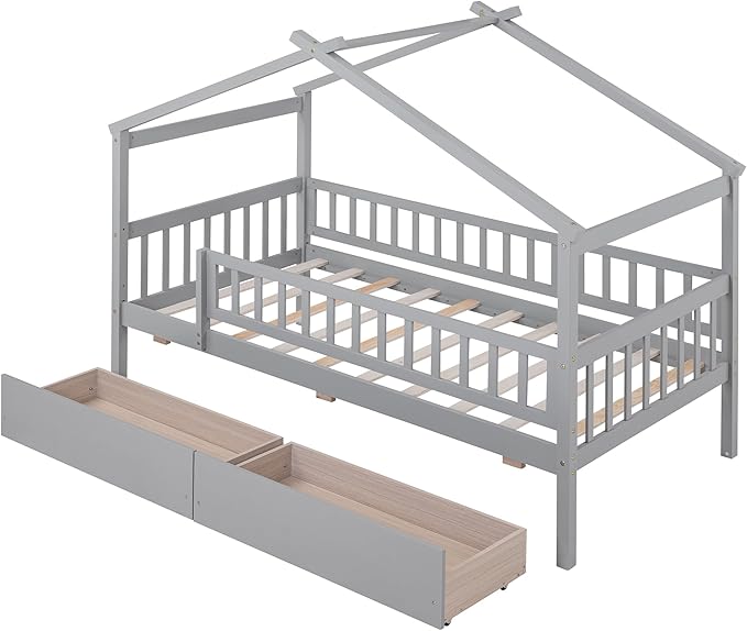 Twin House Bed with 2 Storage Drawers, Kids Twin Bed Frame with Rails and Roof, Tent Bed, Wooden Twin Daybed, Twin Montessori Bed for Kids Teens Girls & Boys, No Box Spring Needed (Gray)