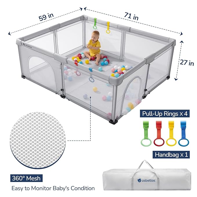 Foldable Baby Playpen,Portable Playpen for Babies and Toddler, 59 * 71 Inch Kids Travel Play Pen with 4 Handlers,Carry Bag,Large Lighgtweight Baby Play Yard for Indoor&Outdoor,Light Gray