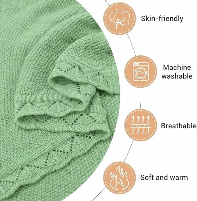 Baby Knit Blanket Soft Breathable Cotton Scallop Border Blankets Newborn Knitted Blanket Swaddle Blankets Gifts for Baby Newborn Toddler Shower Boy Girl New Mom Birthday Christmas SG 28x36