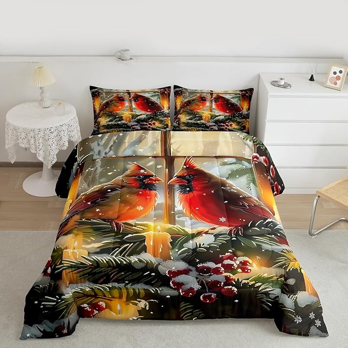 Feelyou Merry Christmas Kids Comforter Set Full Size Cardinal Bedding Set Winter Bird Duvet Quilt for Kids Boys Girls Bedroom Red Berries Decor Microfiber Ultra Soft Breathable