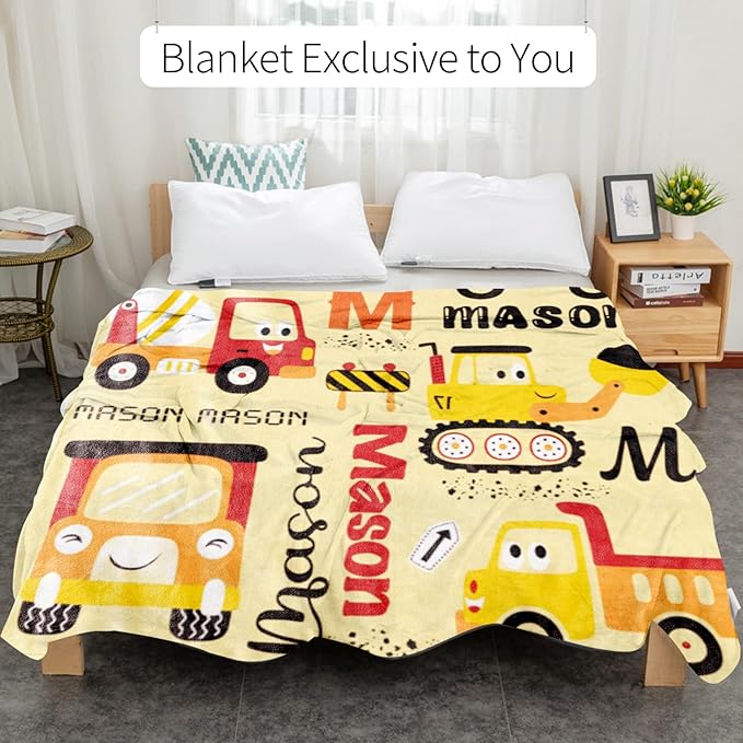 Custom Construction Blanket with Name for Boys Girls Kids, Personalized Name Blanket Construction Vehicles, Soft Flannel Blankets Customized Gift for Children Day Birthday Christmas-40 x50