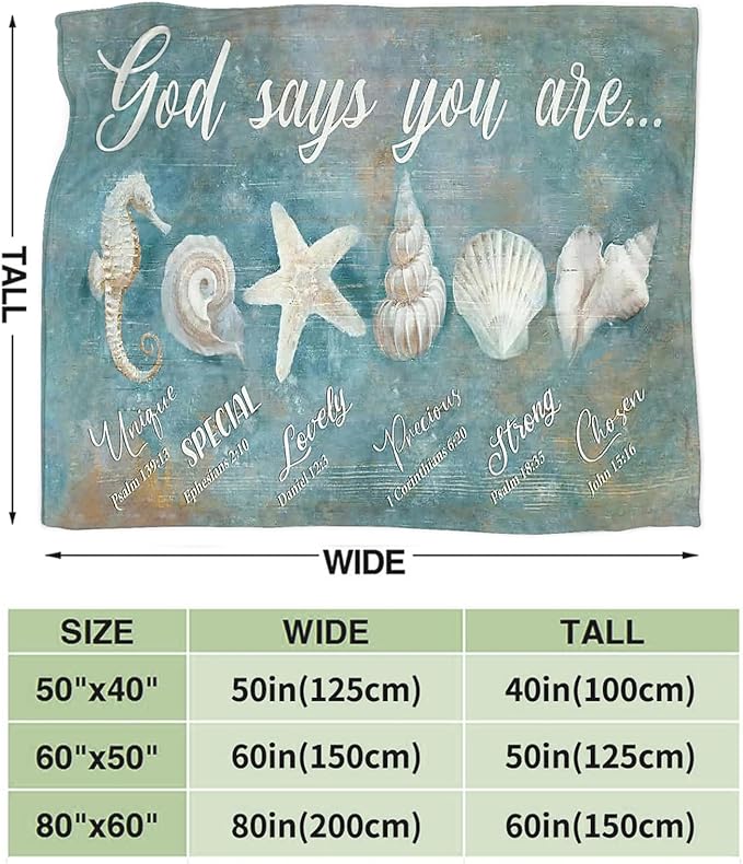 Tijuboni Ocean Seashells Throw Blanket - God Says You are - Beach Nautical Gifts for Women Men Girls Boys Kids Adults Soft Flannel Fleece Blanket for Couch Sofa Bed Home Decor 40"x50"