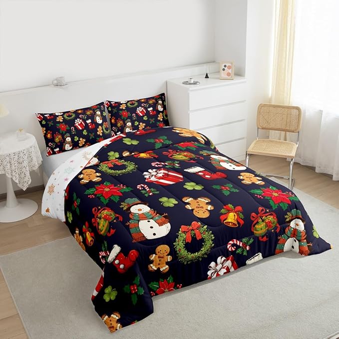 jejeloiu Merry Christmas Comforter Set Full Size Cute Snowman Bedding Set for Kids Boys Girls Gingerbread Man Duvet Quilt Dark Blue Bedroom Decor