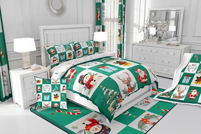 Erosebridal Merry Christmas Quilt King Size for Kids Teens Santa Claus Xmas Tree Bedding Set Cartoon Deer Snowman Comforter Set with 2 Pillow Cases