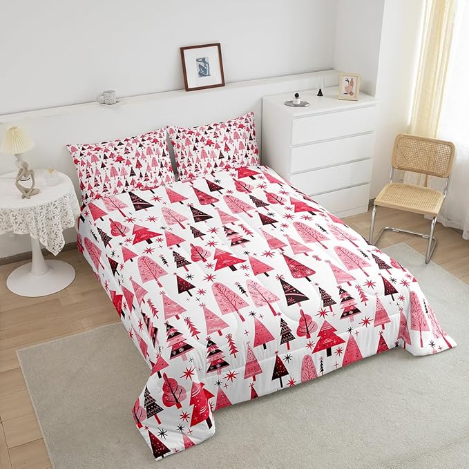 Manfei Pink Xmas Trees Comforter Set Queen Size, Christmas Theme Bedding Set 3pcs for Kids Boys Girls Adults Room Decor, Happy New Year Down Comforter Soft Polyester Quilt Set with 2 Pillowcases