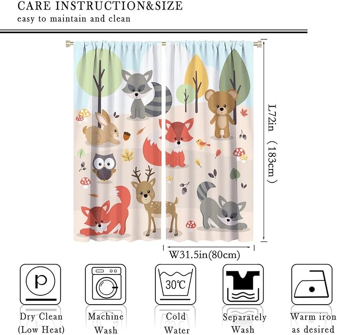 Kids Cartoon Forest Animal Curtains, Cute Woodland Animal Window Treatments for Bedroom Wildlife Fox Bear Deer Bunny Bird Blackout Window Drapes for Girls Boys Nursery Toddler Playroom 63x72in