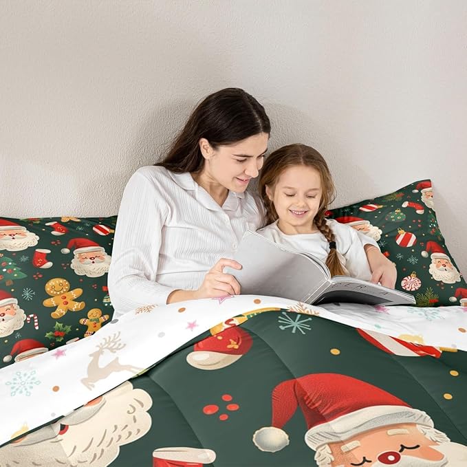 Feelyou Christmas Bedding Set Soft for Boys Girls, Santa Xmas Tree Comforter Set Twin Size Gingerbread Man Duvet Quilt Microfiber Snowflake Stockings Bedroom Decor 2 Pcs with 1 Pillow Cases