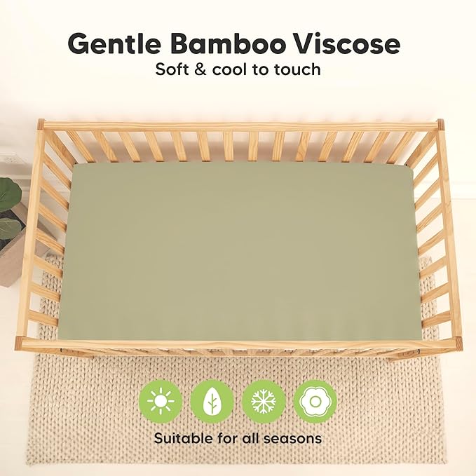 2-Pack Waterproof Baby Crib Sheets for Boys, Girls - 52x28 Viscose Derived from Bamboo Toddler Bed Sheet Neutral, Fitted Crib Mattress Protector Cover for Baby Bedding, Soft & Gentle (Oregano)