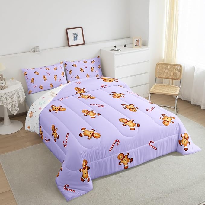 jejeloiu Kids Cute Gingerbread Man Comforter Set Queen Size Christmas Theme Bedding Set for Boys Girls Teens Xmas Candy Cane Happy New Year Purple Duvet Quilt Room Decor