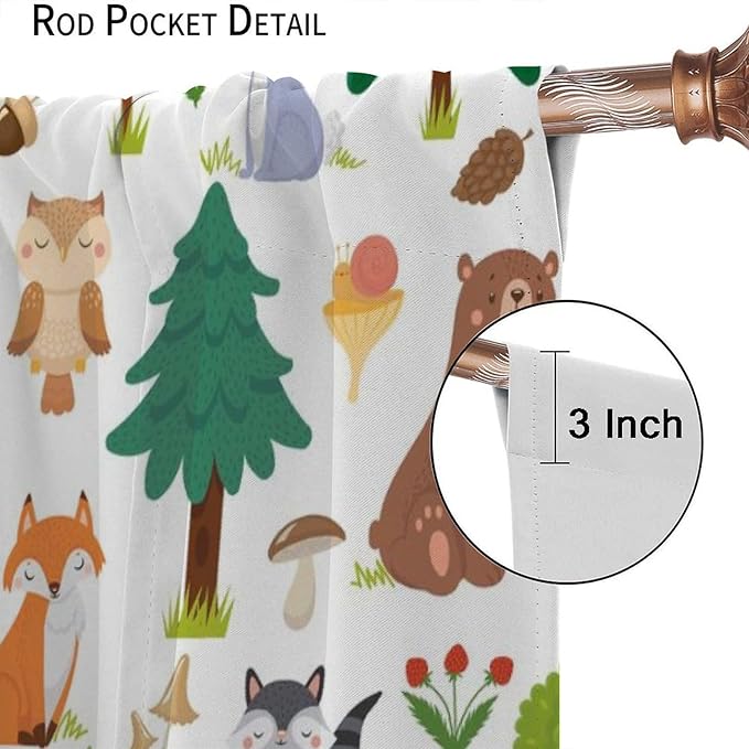 Jungle Animal Curtains, Woodland Animals Forest Pattern Blackout Window Treatments, Rod Pocket Thermal Insulated Drapes 2 Panel Sets for Kids Room Nursery Classroom, 72" W X 63" L
