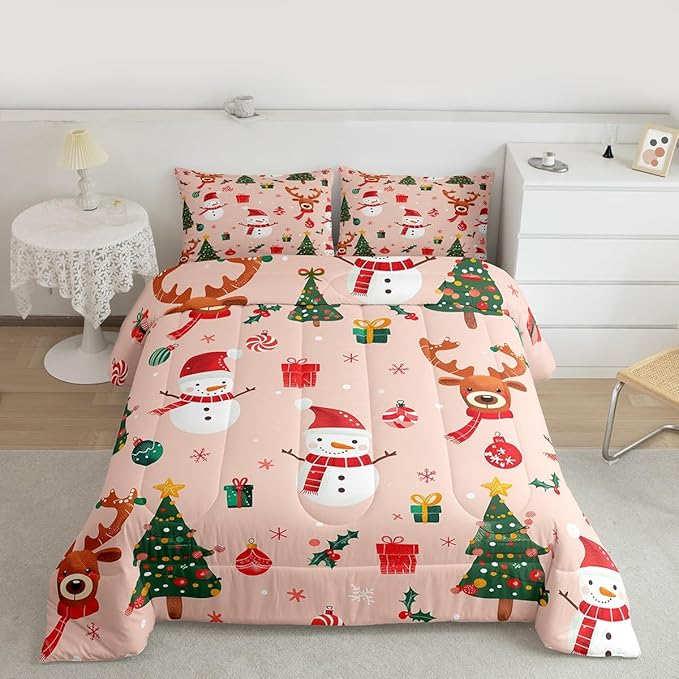 Feelyou Christmas Comforter Set Full Size Snowman Bedding Set for Kids Boys Girls Deer Xmas Tree Duvet Quilt New Year Gift Bedroom Decor Snowflake Microfiber 3 Pcs with 2 Pillow Cases
