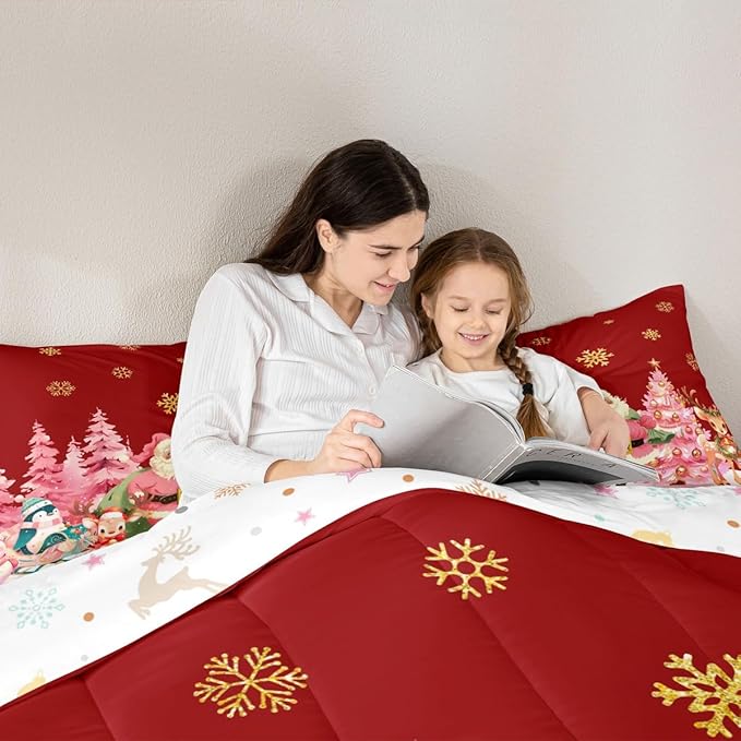 jejeloiu Merry Christmas Comforter Set Toddler Size Santa Claus Bedding Set for Kids Boys Girls Cute Deer Duvet Quilt Red Bedroom Decor