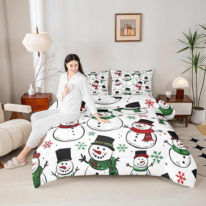 Feelyou Christmas Comforter Set All Season Snowman Bedding Set with 1 Pillow Cases Snowflake Microfiber Kids Twin Bedclothes Bedroom Decor Duvet Quilt Breathable Soft Lightweight