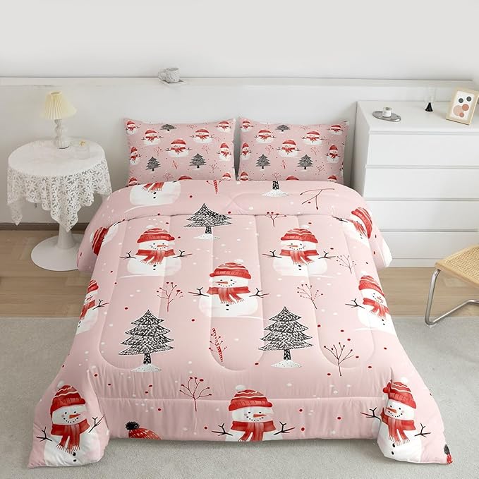 Feelyou Cute Snowman Bedding Set Soft for Boys Girls, Christmas Trees Comforter Set Toddler Size Xmas Snowflake Duvet Quilt Microfiber Christmas Decor Bedroom Decor Holiday 2 Pcs with 1 Pillow Cases