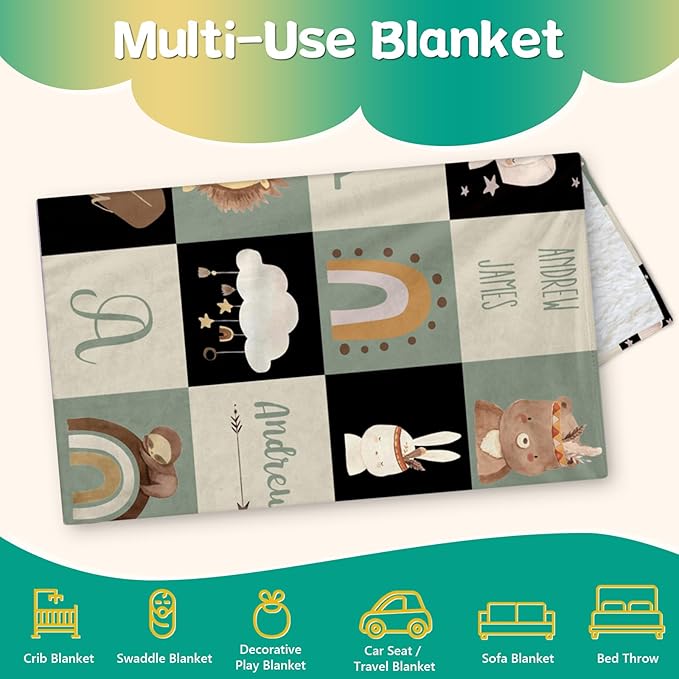 Custom Safari Animals Blanket Gift, Personalized Baby Blanket with Name, Soft Plush Flannel/Sherpa Fleece Throw Blankets for Toddler Kid Teen Boys Girls Color09