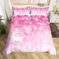 Manfei Christmas Pink Duvet Cover Set King Size, Xmas Trees Deer Snowflake Bedding Set 3pcs for Kids Girls, New Year Theme Comforter Cover Soft Polyester Quilt Cover with 2 Pillowcases,No Comforter