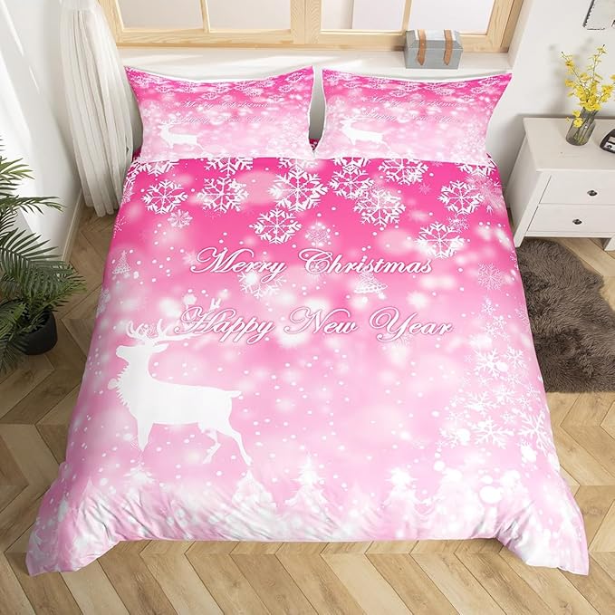 Manfei Christmas Pink Duvet Cover Set King Size, Xmas Trees Deer Snowflake Bedding Set 3pcs for Kids Girls, New Year Theme Comforter Cover Soft Polyester Quilt Cover with 2 Pillowcases,No Comforter