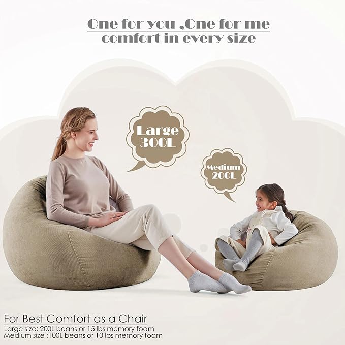 Nobildonna Bean Bag Chair Cover (No Filler) for Kids and Adults,Beanbag Stuffed Animal Storage Without Filling Plush Toys Holder and Organizer Soft Premium Corduroy 200L