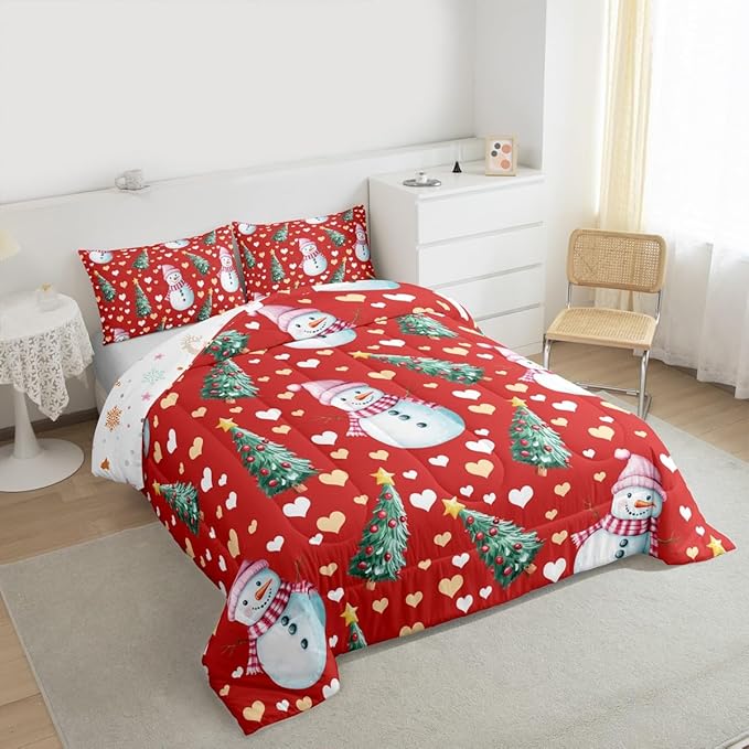 Feelyou Merry Christmas Comforter Set Toddler Size Cute Snowman Bedding Set for Kids Boys Girls Christmas Tree Duvet Quilt Love Hearts Microfiber 2 Pcs with 1 Pillow Cases