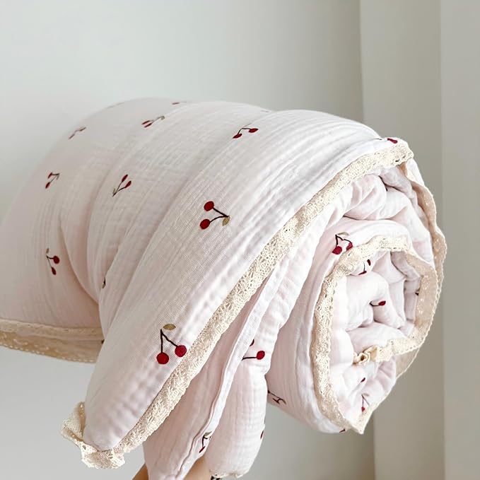 BuLuTu Kids Toddler Muslin Cotton Quilted Blanket 60x78 Inches, Cute Cherry Print Children Comforter for Toddler/Twin Bed, Soft Breathable Boys Girls Quilt, Machine Washable