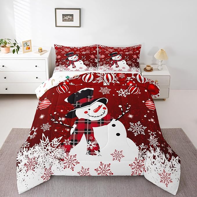 Manfei Snowman Comforter Set Queen Size, Snowflake Balloon Xmas Decor Down Comforter with 2 Pillowcases, Christmas Red Bedding Set 3pcs for Kids Boy Girls Bedroom Decor Lightweight Duvet Insert