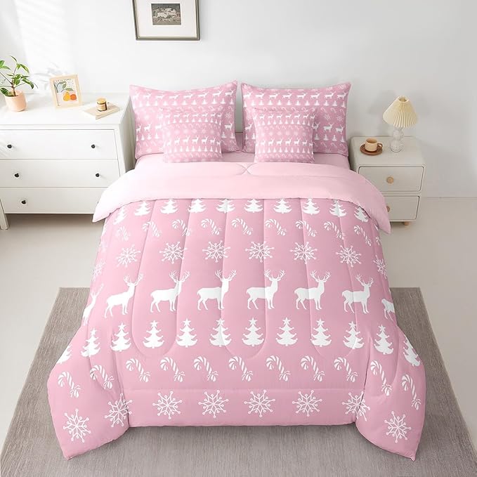 Erosebridal Christmas Twin Bedding Set 7 Piece,Xmas Elk Deer Bed in A Bag,Candy Snowflake Comforter Set Pine Tree Woodland Animals Sheet Set with Comforter,Pink Christmas Decoration