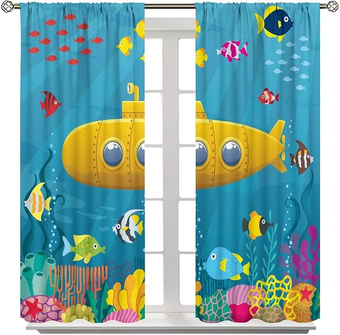 Boy Window Curtains Submarine Window Drapes Yacht Window Treatments Underwater World Oasis Thermal Drapes for Kids Girls Toddler Teens Room Dorm Decor Set 2 Panels,84x84 Inches, Style-1