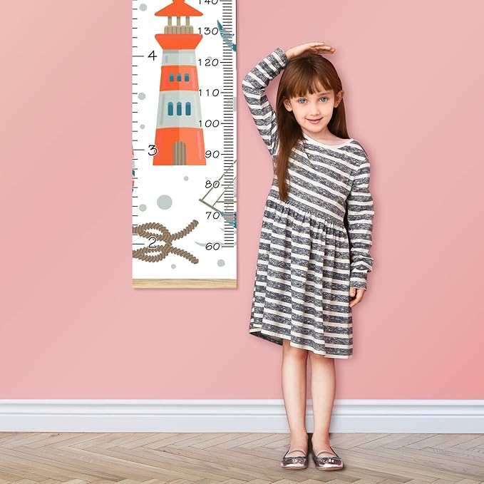 Personalized Kids Name Growth Chart Ruler for Wall Wood Frame Height Measure Chart 13.4x56 in Linen Hanging Height Growth Chart Nautical Tools Kids Room Decor