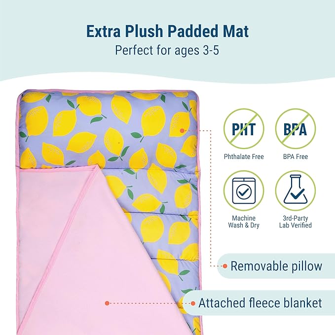 Wildkin 43-inch Kids Nap Mat – Soft Microfiber Toddler Sleeping Mat with Pillow