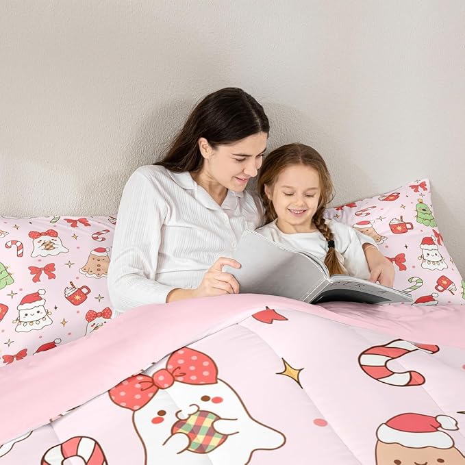 Feelyou Christmas Bedding Set Soft for Boys Girls, Cute Bow Comforter Set Twin Size Cute Ghost Duvet Quilt Microfiber Coquette Bow Knot Bedroom Decor Candy Print 2 Pcs with 1 Pillow Cases