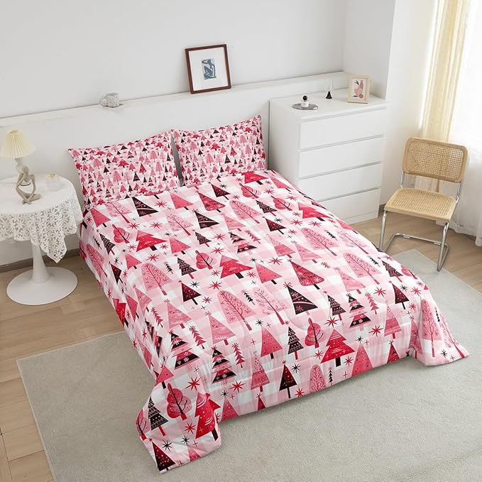 Manfei Cartoon Tree Comforter Set King Size, Christmas Theme Bedding Set 3pcs for Kids Girls Adults Bedroom Decor, New Year Pink Plaid Down Comforter Soft Polyester Quilt Set with 2 Pillowcases